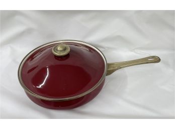 Vintage Bright Red Enamel Skillet With Brass Handle And Lid Top !