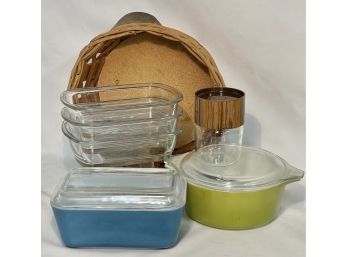 Pyrex Assortments, Refridgerator Dish, Spice Shaker, Clear Bowls, Basket  And 1.5 Pint Covered Dish