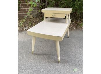Vintage Mid Century Modern Step Table, Brass Capped Tapered Legs