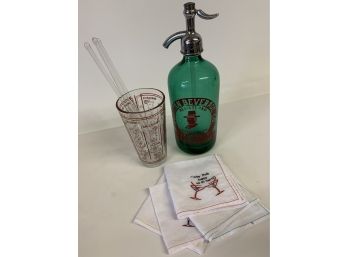 Vintage Seltzer Bottle And Vintage Glass Cocktail Mixer With Glass Stir Sticks And Happy Hour  Napkins