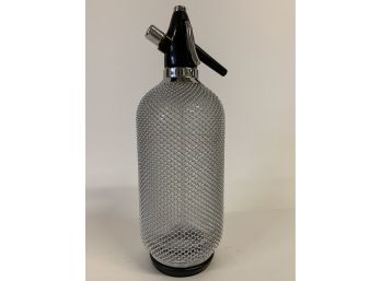 Mid Century Large Glass Soda Syphon Dispenser, Metal Mesh Covered Seltzer Bottle