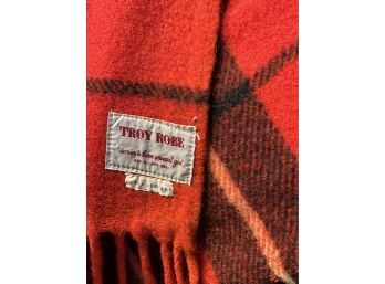 Vintage Troy Robe Wool Stadium Blanket Red And Black Plaid With Fringe