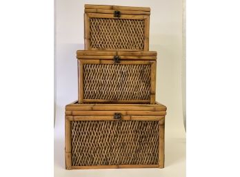 Set Of Three Wicker Stacking Trunks Height With All Three Is Approx. 39 Inches