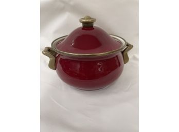 Vintage Bright Red Enamel Pan With Brass Handles And Lid Top