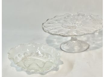 Antique Glass Serving Pieces.  Heavily Carved With Scalloped Edges.