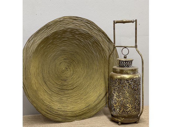 Large Woven Wire Bowl And Pierced Metallic Lantern