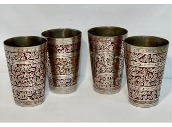 Vintage Indian Lassi Cups, Etched Engraved Painted