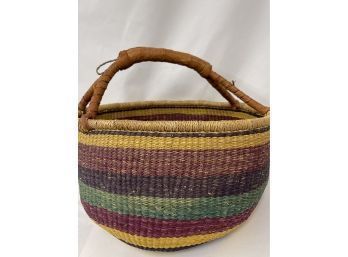 Fantastic  Handmade Basket With Woven Leather Strap.  Work Of Art!