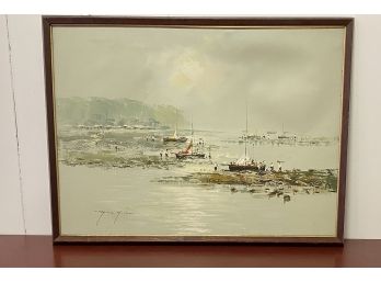 Large Original Vintage Oil Painting Of Seaside Ships 29x21