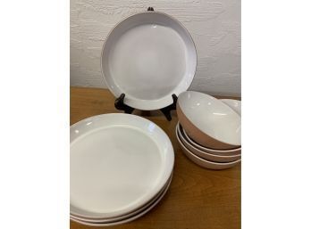 Vintage Frankoma Pottery White Sand Set Of 4 Bowls And 4 Plates