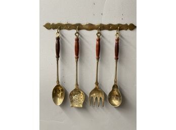 Vintage Brass Serving Utensils With Wood Handles