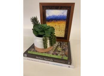 Original Oil Painting, Faux Succulant, With Three Coffee Table Books