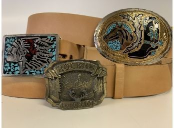Three Leather Belts With Vintage Belt Buckles