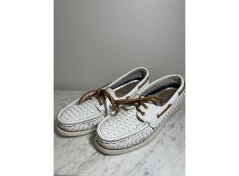 Sperry Top Sider Boat Shoes, White Woven Leather Size 8.5