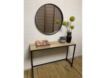 Modern Round Black 26 Inch Mirror With Wood & Metal Console Table