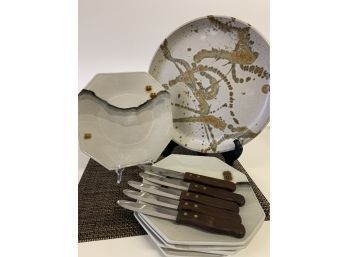 Ceramic Platter/tray, 5 Cermic Plates ,placemats And A Set Of Gaucho Steak Knives
