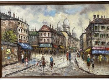 Mid Century Modern Oil Painting Parisian Street Scene, Framed And Signed