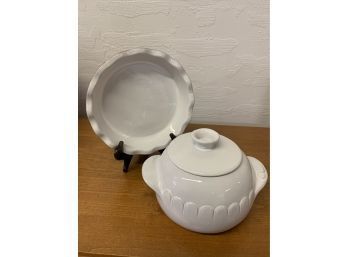 Vintage Frankoma Pottery White Sand Pie Pan Dish & Bean Pot With Lid & Handles
