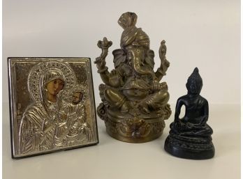 Set Of Three Religious Figurines, Ganesh, Etc.