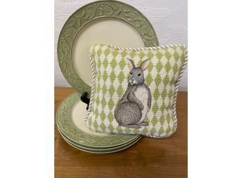 Four Nice Pier One Plates And A Needlepoint Bunny Pillow