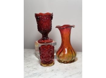 Vintage Amberina Glass  And Art Glass 3 Pieces