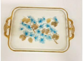 Mid Century Glass Libby Tray With Turquoise And Gold Pine Cones