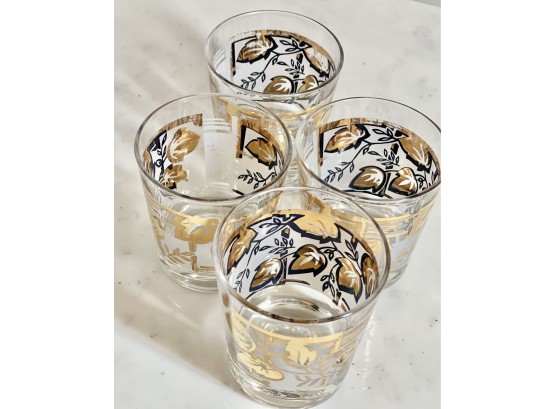 Mid Century Modern Glassware, Set Of  Four Frosted Glass W/geometric Pattern And Leaves