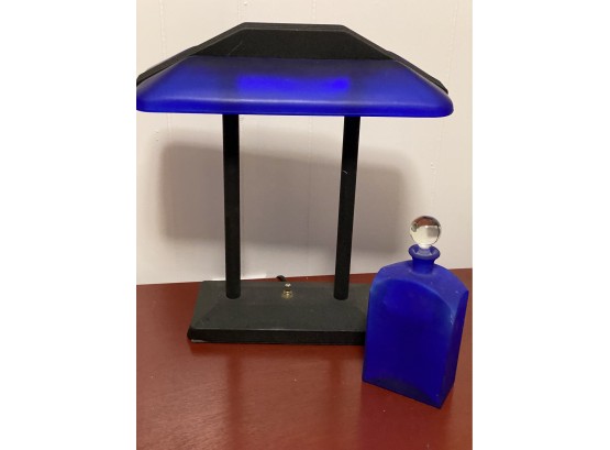 Blue Frosted Table Lamp And Bottle