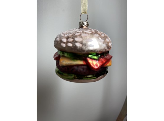 Amazing Blown Glass, Painted Cheeseburger Christmas Ornament.