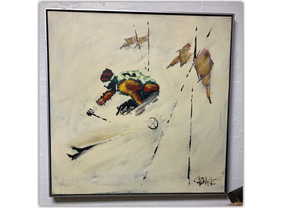 Large Mid Century, 1960s Painting - Skier, Signed - Chance 37X37 Inches