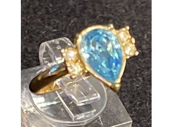Great Costume Ring Bling With Brilliant Blue Faceted Teardrop Stone
