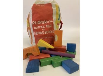 Vintage Playskool Duffle Bag Of Colorful Wooden Building Blocks