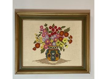 Vintage Framed Crewel Embroidery, Glorious Blooms