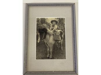 Vintage Black And White Pony And Cowboy Framed Photo 8X11 Inches