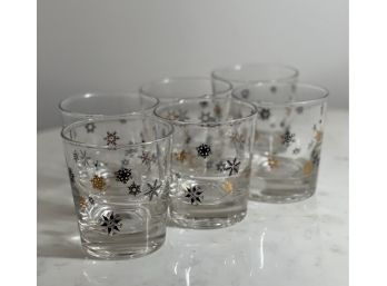 Mid Century Modern Glassware, Federal Glass With Blk And Gold Snowflakes