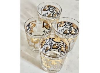 Mid Century Modern Glassware, Set Of  Four Frosted Glass W/geometric Pattern And Leaves