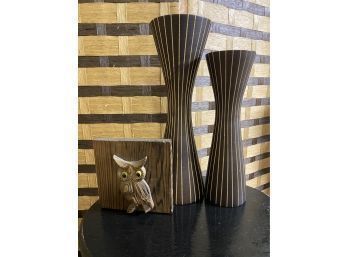 Mid Century Hoot Owl And Two Lined Wooden Vases.