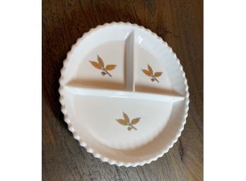 Fabulous Vintage Divided Dish, White Glass With Gold Painted Leaves