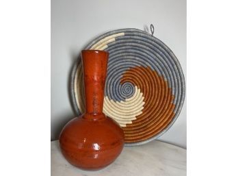 Woven African Basket With Earthy Autumn Orange Vase