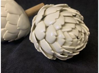 Pair Of White Ceramic Artichokes With Wood Stem