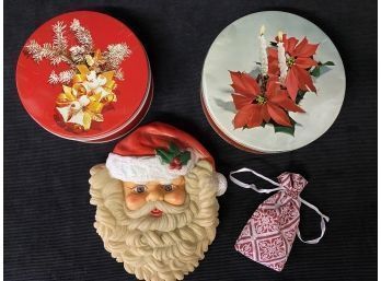 Vintage Speaking Wall Santa, Two Tins, And Surprise Gift