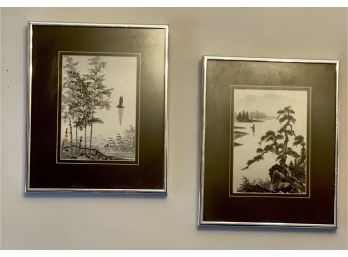 Black And White Asian Art Pieces, Nicely Matted And Framed