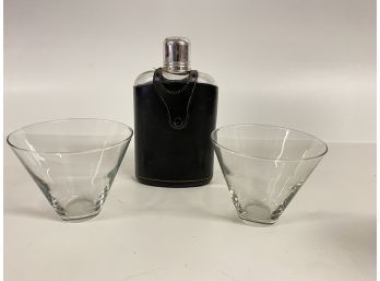Vintage Leather Wrapped Flask And 2 Low Ball Glasses