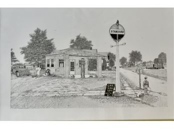 Beautifully Detailed Pen And Ink: Standard Oil Corner Gas Station