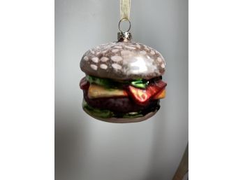 Amazing Blown Glass, Painted Cheeseburger Christmas Ornament.