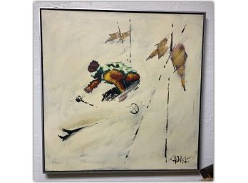 Large Mid Century, 1960s Painting - Skier, Signed - Chance 37X37 Inches