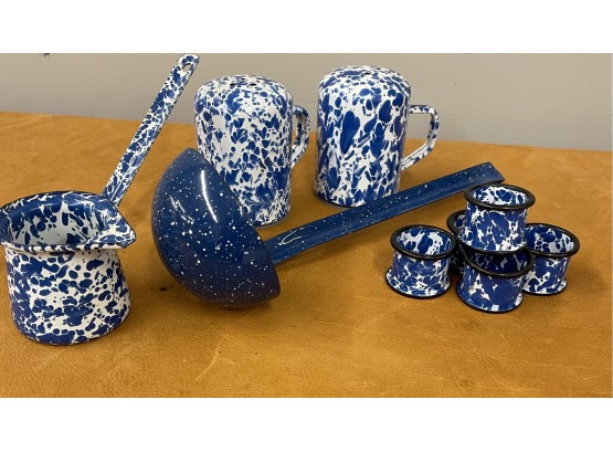 Blue And White Speckled Enamelware Set.