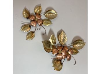 Vintage Copper And Brass Wall Sculpture, Flowers And Leaves, Set Of 2