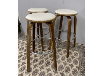 Mid Century Modern Backless & Swivel Counter Stools,  Set Of Three Cream Seat/Walnut Legs
