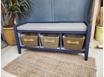 Carved Entry Bench With Cushion And Storage Baskets